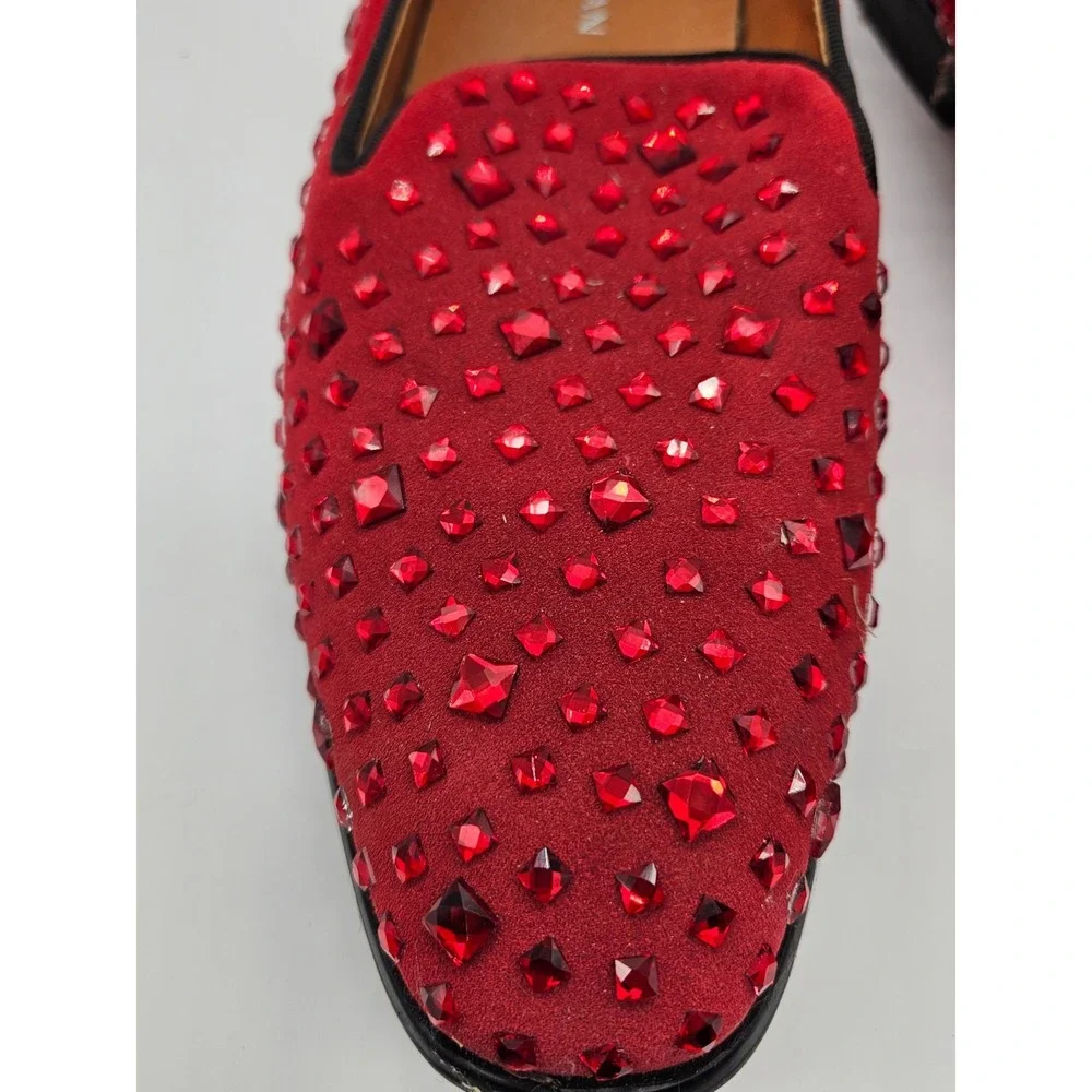 Elanroman Mens Red Velvet Rhinestone Studded Loafers Dress Shoes Size 41 EU